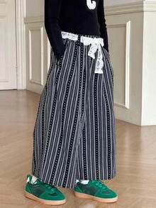 Dazy Kids Young Girl Casual Striped Wide Leg Pants With Belt - Apricot - View 7