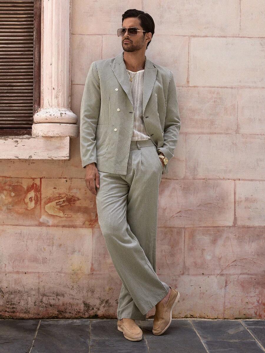 HIMLAND 男士梭织休闲宽松西装套装：休闲夹克和直筒抽绳腰裤，2 件套男士条纹亚麻西装男士夏季西装男士休闲西装男士两件套西装男士度假装男士条纹亚麻西装男士泡泡纱西装男士夏季西装 - 黑色 - 查看 1