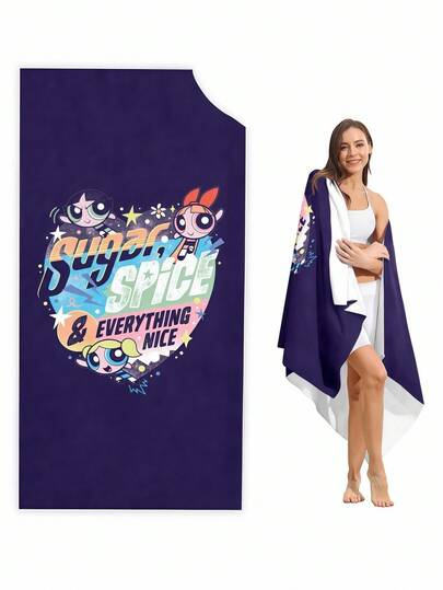 THE POWERPUFF GIRLS X SHEIN Cartoon Blossom, Bubbles, Buttercup Pattern Beach Towel, Made Of Soft And Skin-Friendly Microfiber Fabric With Strong Water Absorption, Perfect For Everyone On Outings