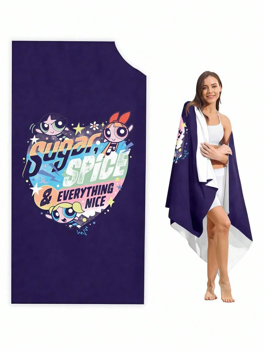 THE POWERPUFF GIRLS X SHEIN Cartoon Blossom, Bubbles, Buttercup Pattern Beach Towel, Made Of Soft And Skin-Friendly Microfiber Fabric With Strong Water Absorption, Perfect For Everyone On Outings - Purple - View 1