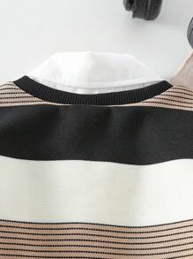 SHEIN 3件套婴儿/男童套装：1件白色纽扣长袖衬衫，1件心形图案黑色罗纹领针织背心，1条黑色梭织长裤，适合初秋、上学、日常、度假穿着。男童服装，男童套装，男童毛衣背心，男童服装，男童套装，男童时尚，男童条纹背心套装，男童秋冬熊图案婴儿服装，男童休闲套装，黑白男童套装 - 彩色 - 查看 4