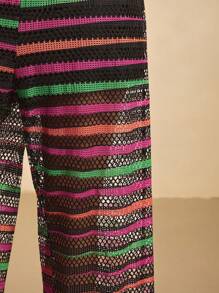 SHEIN VCAY Pantalon ample et ample à jambes larges, rayé et ajouré, pour femmes grandes tailles - Multicolore - Voir 3