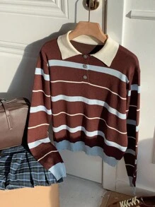 Comfortcana Women's Casual Colorblock Striped Long Sleeve Knit Polo Shirt In Fall/Winter