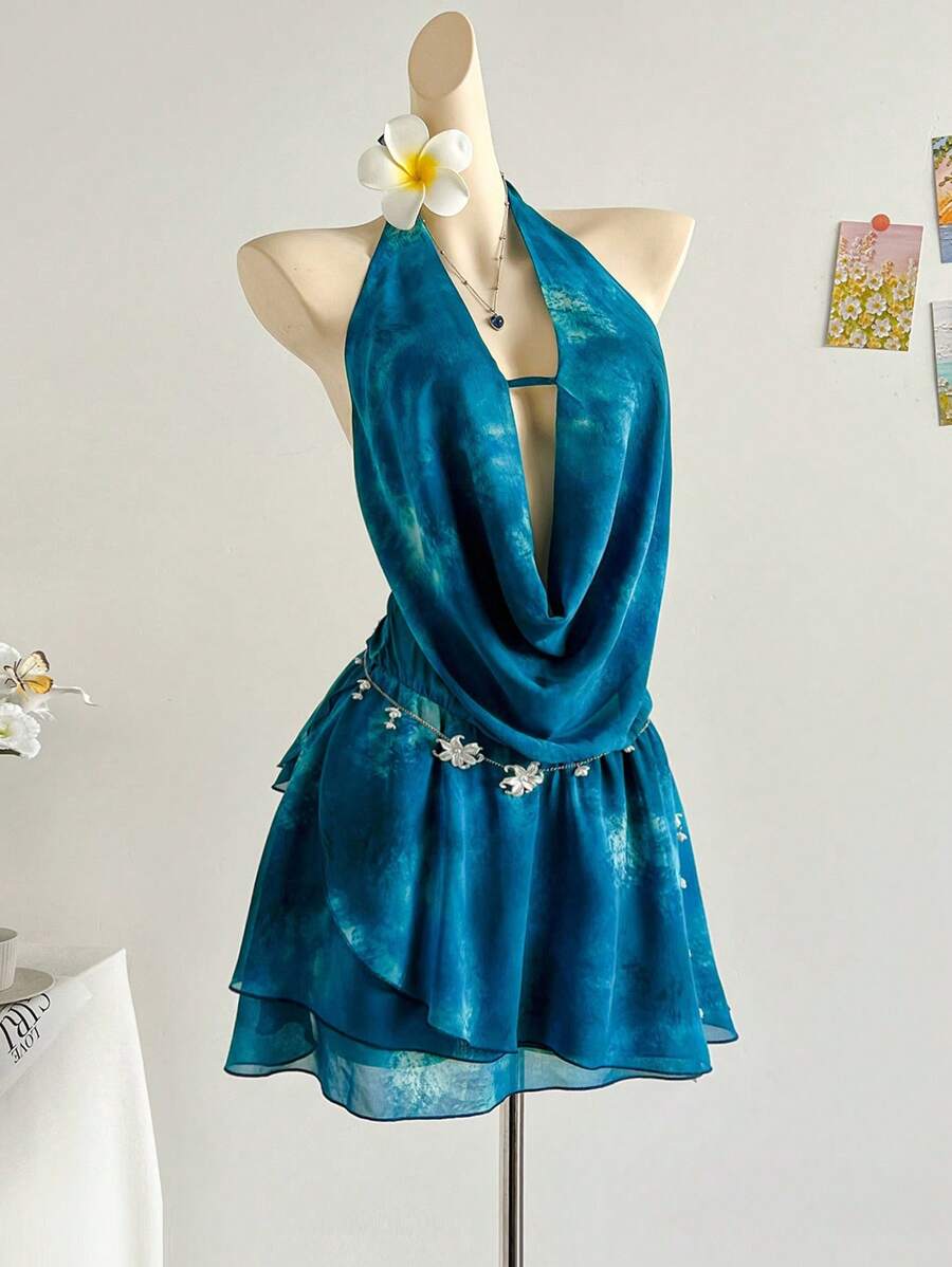 Soleia Tie Dye Deep Draped Neck Ruffled Asymmetrical Hem Mini Party Dress, Low Waist, For Vacation Blue Silk Dress Ocean Dress Celestial Dress Tie Dye Dress Halter Dress Fall Dresses For Women   School Clothe  Rave Outfits  Concert Tops   Homecoming Dress   Christmas Clothes  Office Dress  Date Night Outfits Women Dress For Wedding Guest  Birthday Dresses For Women   Halloween Costumes  Brunch Outfits For Women  Sexy Bohemian Clothes For Women  Fairycore White Lace Dress Fringe Dress Fall Dresses For Women Teacher Dress Korean Flowy Dress - Multicolor - View 1