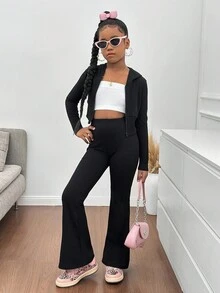 SHEIN Tween Girl Ribbed Texture Zip Up Cropped Hoodie And Retro Flared Leg Pants All-Match Casual Sport Set, Minimalist Essential Wardrobe, Spring & Autumn Fall Winter - Black - View 3