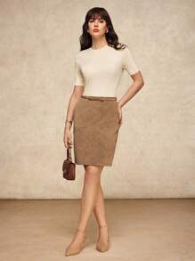 House of One Brown Suede High-Waist Mid Skirt Women Casual Autumn Khaki Skirt Pencil Skirt For Women Brown Skirt Fitted Skirt Fall Outfits Business Professional Women Business Casual Woman