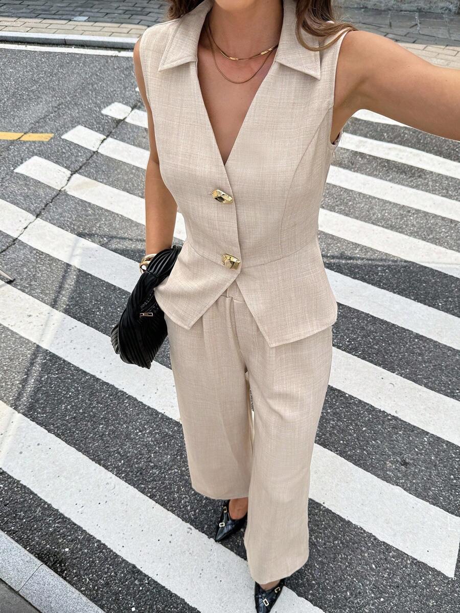 SHEIN Frenchy Women's Summer Casual Commuter Solid Color Vest & Pants 2 Pieces Set , Fall Women Clothes,Back To School,Country Concert Outfit , Business Casual Woman, Teacher Outfits For Women,Date Night Outfits Women ,Birthday Outfit ,Brunch Outfits For Women,Western Women Wear ,Business Casual Woman - Apricot - View 1