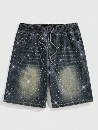 Street Life Pantalones cortos de mezclilla lavados, sueltos, con cintura elástica con cordón y aplicaciones de rhinestone, para hombre, estilo casual de calle en verano