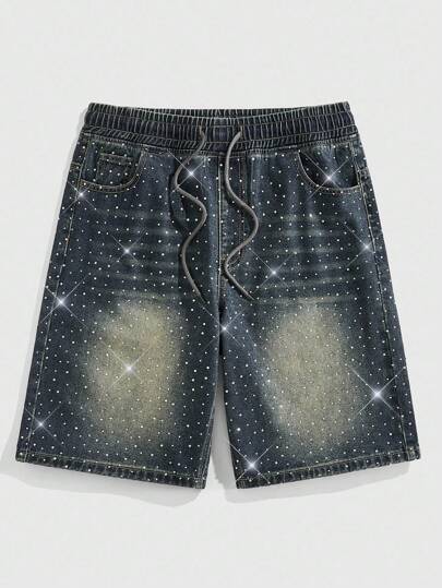 Street Life Men's Summer Casual Street Rhinestone Drawstring Elastic Waist Loose Washed Denim Shorts