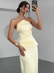 Firerie 女士浅黄色串珠系带前吊带背心和低腰中裙套装，适合春夏季休闲度假，浅色套装，春夏季服装，沙滩装，性感，度假，海滩，波西米亚，夏威夷 - 黃色 - 查看 4