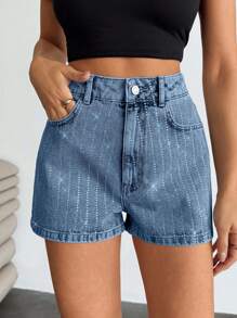 EURMUSE Pantalones cortos mini de cintura alta de unicolor y minimalistas con adornos de rhinestones para mujer - Celeste - Ver 7