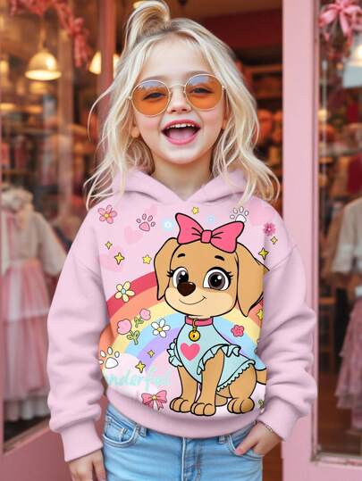 SHEIN 年轻女孩可爱小狗印花，粉色，彩虹蝴蝶结花卉印花，休闲宽松圆领舒适日常针织长袖运动衫，适合秋冬季，秋季，轻松舒适，秋季多层穿着，时尚，休闲装，图案，返校，秋季，返校节，适合户外野餐，街头摄影，家居，校园
