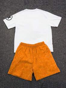 PAVTROS 男士标语和骷髅印花圆领短袖休闲T恤和抽绳腰短裤套装万圣节2025男士图案T恤和短裤套装 - 彩色 - 查看 2