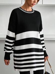 EURMUSE Women Stripe Pattern Round Neck Drop Shoulder Pullover,Jumper,Cream Jumper,Jumpers,Black Jumper,Women's Jumper,White Jumper,Women's Jumper,Women's Jumpers,Winter Clothes - Black - View 5