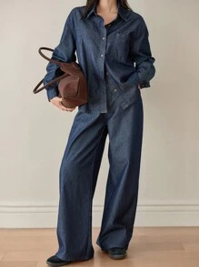 Dazy-Less 2pcs Women Casual Loose Long Sleeve Shirt And Pants Denim Suit,Fall Women Clothes - Dark Wash - View 6