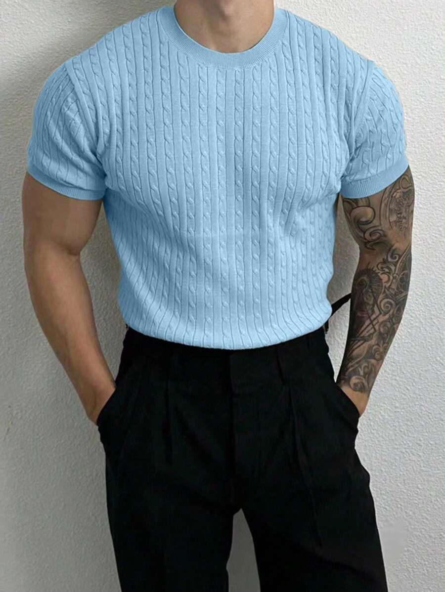 Calmiston Suéter de punto de cuello redondo y manga corta casual para hombre - Celeste - Ver 1