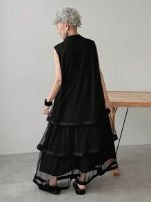 FRIFUL 女士纯黑色衬衫领无袖网纱拼接层叠连衣裙长裙 - 黑色 - 查看 5