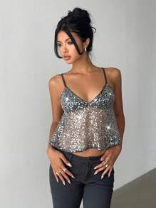 Aloruh 大码女士亮片上衣，吊带可爱上衣，派对礼服，Y2K 时尚优雅音乐节派对亮片上衣，可爱派对礼服 - 灰色 - 查看 6