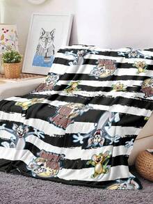 TOM & JERRY X SHEIN 条纹和卡通图案超柔软法兰绒羊毛毯，适合家庭、办公室和旅行，毛绒抗起球且易于护理，100% 涤纶 - 黑與白 - 查看 5