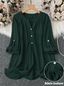 EMERY ROSE Blusa elegante de talla grande para mujer, de manga enrollada y cuello en V, de unicolor, para primavera y otoño - Verde Oscuro - Ver 1