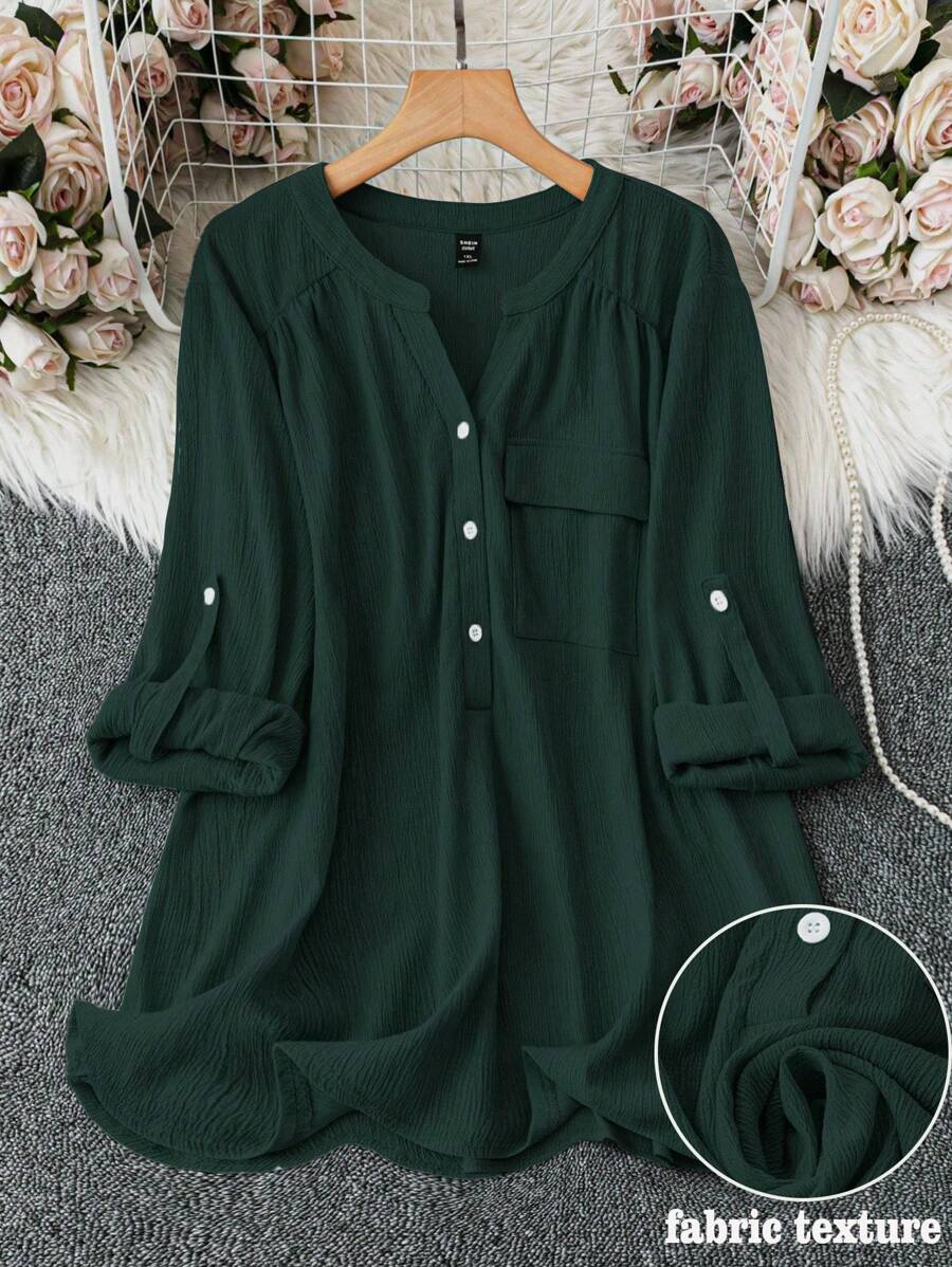 EMERY ROSE Blusa elegante de talla grande para mujer, de manga enrollada y cuello en V, de unicolor, para primavera y otoño - Verde Oscuro - Ver 1