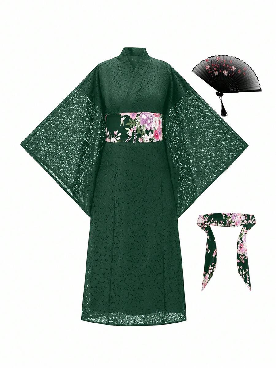 Irokai 优雅复古日式花卉印花浴衣 - 綠色 - 查看 1