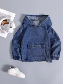 Young Boy Vintage Washed Loose Fit Hooded Denim Sweatshirt,Retro American Street Style Jacket With Large Pockets,Summer,Career Day,Back-To-School - Dark Wash - View 1