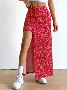 SHEIN EZwear Váy dài hở vai họa tiết hoa mùa hè cỡ lớn gợi cảm - Đỏ - Xem 4