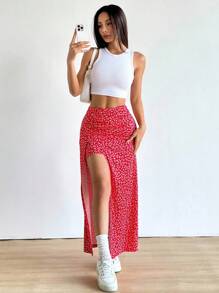 SHEIN EZwear Váy dài hở vai họa tiết hoa mùa hè cỡ lớn gợi cảm - Đỏ - Xem 5