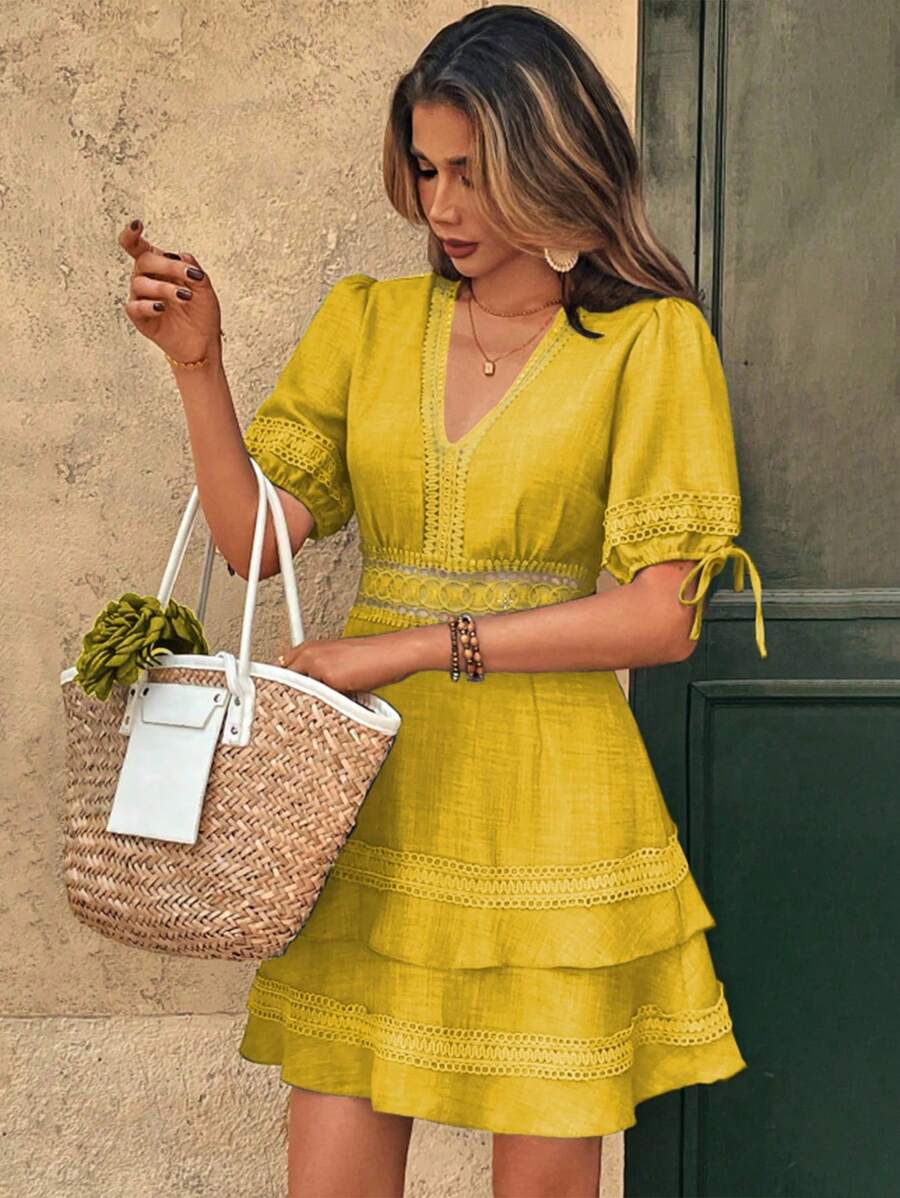 Breezaya 女式纯色蕾丝边泡泡袖时尚迷你连衣裙，夏季 - 黃色 - 查看 1