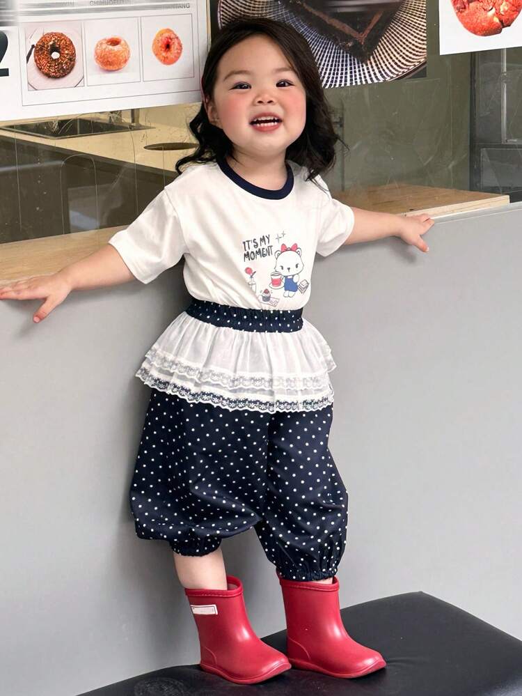 2pcs Baby Girls Cartoon Print Short Sleeve T-Shirt & Casual Mesh Patchwork Long Pants Set Toddler Girls Clothes