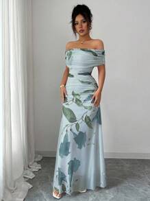 Modelyn Women's Mesh Printed Off-Shoulder Ruffle Summer Casual Dress - Blue - View 3