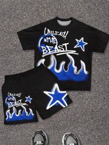 SHEIN 2 件套年轻男孩休闲简约圆领短袖 T 恤和短裤，适合夏季 - 彩色 - 查看 1