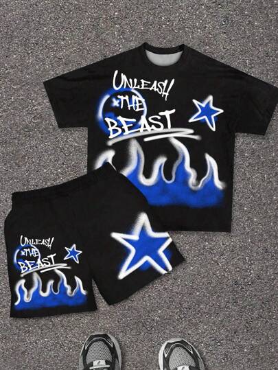 SHEIN 2 件套年轻男孩休闲简约圆领短袖 T 恤和短裤，适合夏季