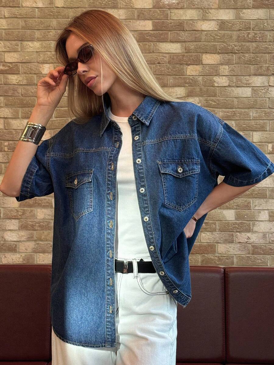 DAZY 女式宽松短袖牛仔衬衫、牛仔夹克、秋季女装 - 藍色 - 查看 1