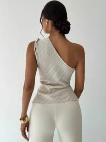 Firerie 女士杏色条纹不对称肩部衬衫，日常通勤衬衫，斜肩度假衬衫，春夏服装，海滩，通勤，优雅，度假，波西米亚，工作装 - 杏色 - 查看 2