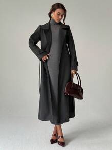 Aloruh 女士长袖系腰长款休闲宽松外套，秋冬款 - 杏色 - 查看 3