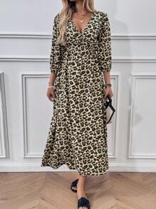 SHEIN LUNE Vestido midi con estampado de leopardo y lazo delantero para mujer - Multicolor - Ver 6