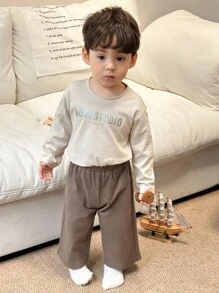 DAZY 2pcs Toddler Boys' Graphic Letter Print Long Sleeve T-Shirt And Casual Shorts Pajama Set - Apricot - View 6