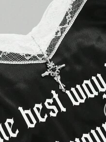 ROMWE Avant 女士天使十字印花缎面迷你连衣裙 - 黑色 - 查看 3