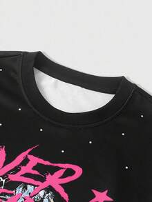 ROMWE MEN Street Life Men's Fashion Figure & Slogan Print Rhinestone T-Shirt, 2000s Style - Black - View 5