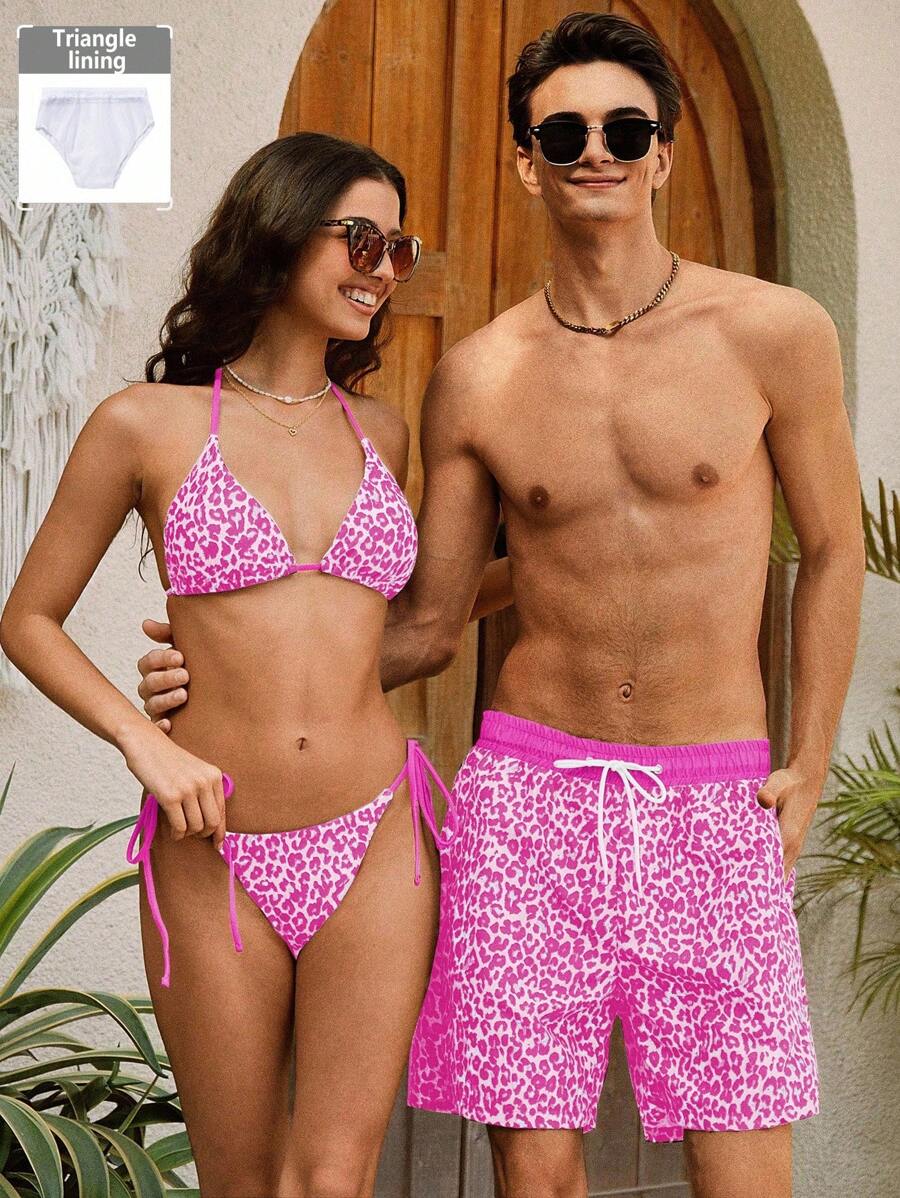 Manfinity Swimmode Men 1pc Summer Boho Leopard Print Drawstring Waist Slant Pocket Beach Shorts - Multicolor - View 1