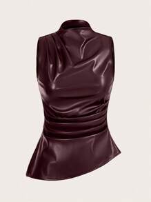 Siren Gaze 女士休闲时尚90年代街拍春秋季纯色褶皱领PU背心无袖上衣外出上衣秋季女上衣