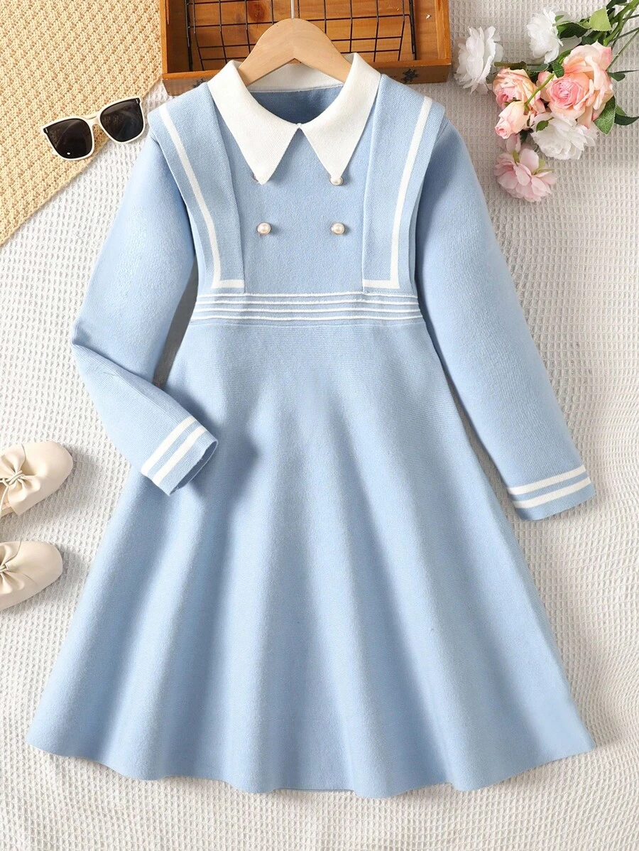 SHEIN 青少年女孩长袖翻领修身休闲毛衣裙