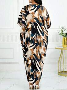 SHEIN Lady 女士时尚通勤全身印花蝙蝠袖长裙 - 彩色 - 查看 2