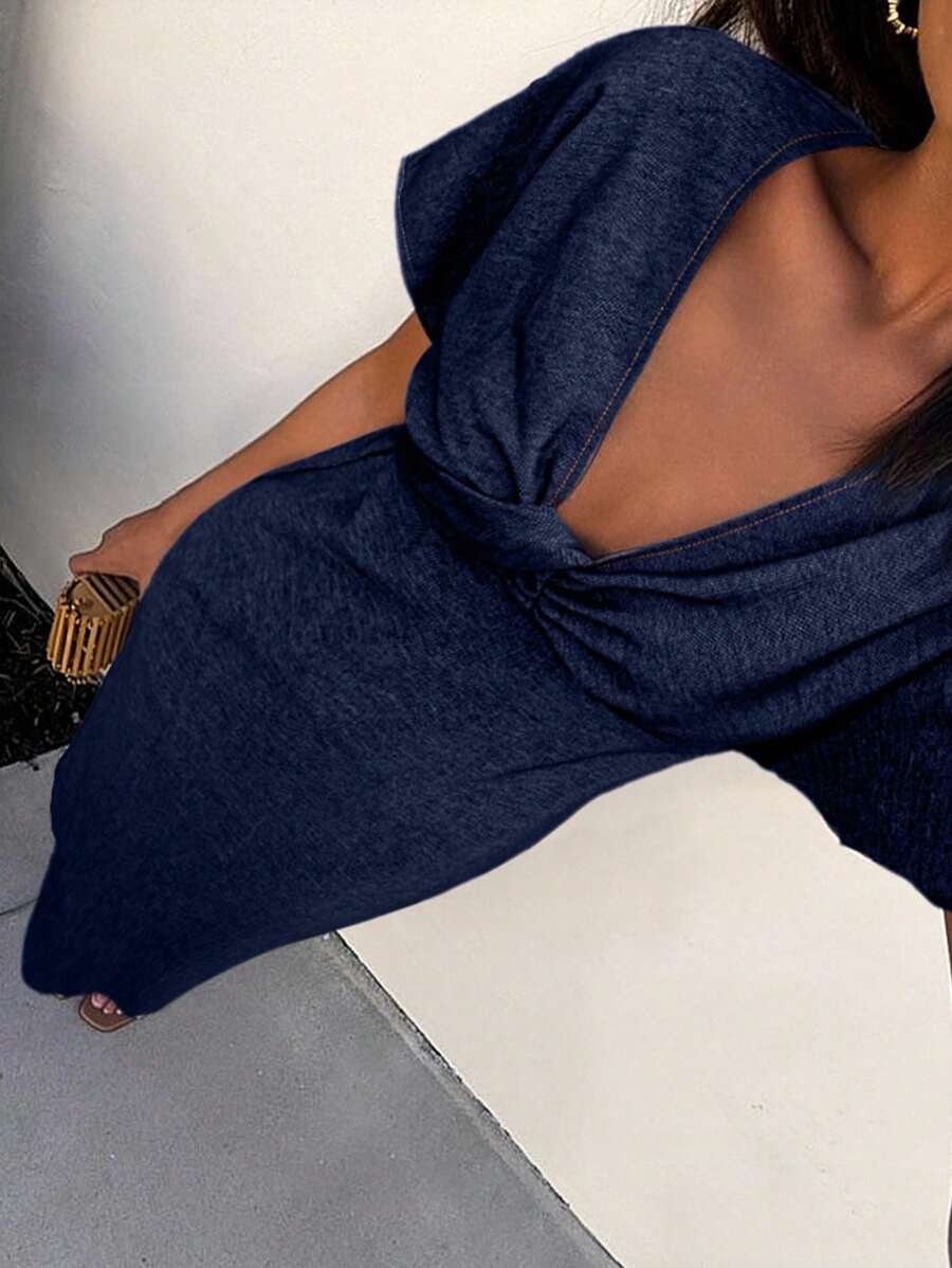 SHEIN LUNE Ladies' Old Money Style Dignified Mid Length Dress - Navy Blue - View 1