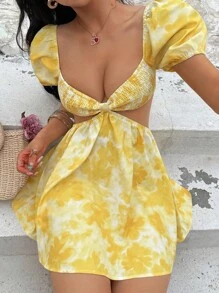 SHEIN Unity Váy mini thường ngày cho nữ có tay bồng, họa tiết hoa nhuộm loang, thời trang & đa năng cho kỳ nghỉ, mùa xuân/hè - Màu vàng - Xem 3