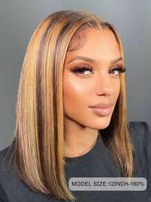 Transparente Spitze, gerade, 13 x 4, Spitzenfront Perücke, 180 % Dichte, kurze Echthaar Perücken, 10 Zoll, Klavierfarbe, 100 % kurze Echthaar Perücken für Frauen, Highlight Farbe - S4/27 - Übersicht 6