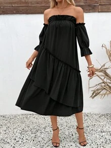 SHEIN LUNE Black Off Shoulder Elastic Ruffle Hem Casual Dress For Women - Black - View 5