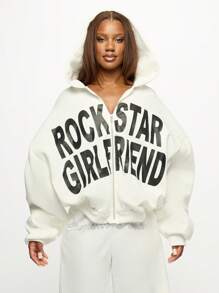 SUMWON WOMEN 摇滚明星女友款超大拉链连帽衫 Y2K 时尚街头潮流个性印花短款节日演唱会春秋季 - 白色 - 查看 1